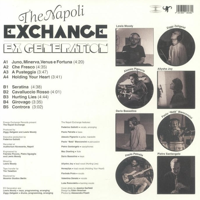 Contraportada del vinilo Ex Generation – The Napoli Exchange mostrando listado de pistas, créditos, fotos de músicos y sello Energy Exchange Records.
