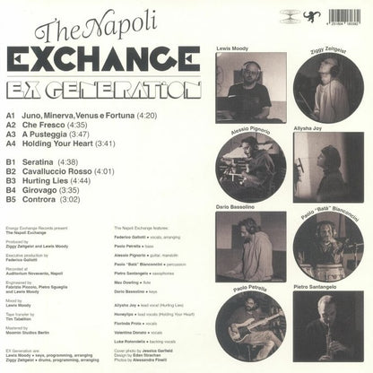 Contraportada del vinilo Ex Generation – The Napoli Exchange mostrando listado de pistas, créditos, fotos de músicos y sello Energy Exchange Records.