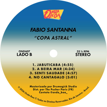 Lado B del vinilo Fabio Santanna – Copa Astral, con cuatro pistas, duraciones y diseño circular azul y amarillo.