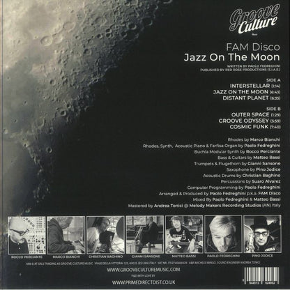 Portada trasera del vinilo FAM Disco – Jazz On The Moon lanzado por Groove Culture Music en formato 12", EP. Texto impreso: lista de temas, créditos de músicos y productores.
