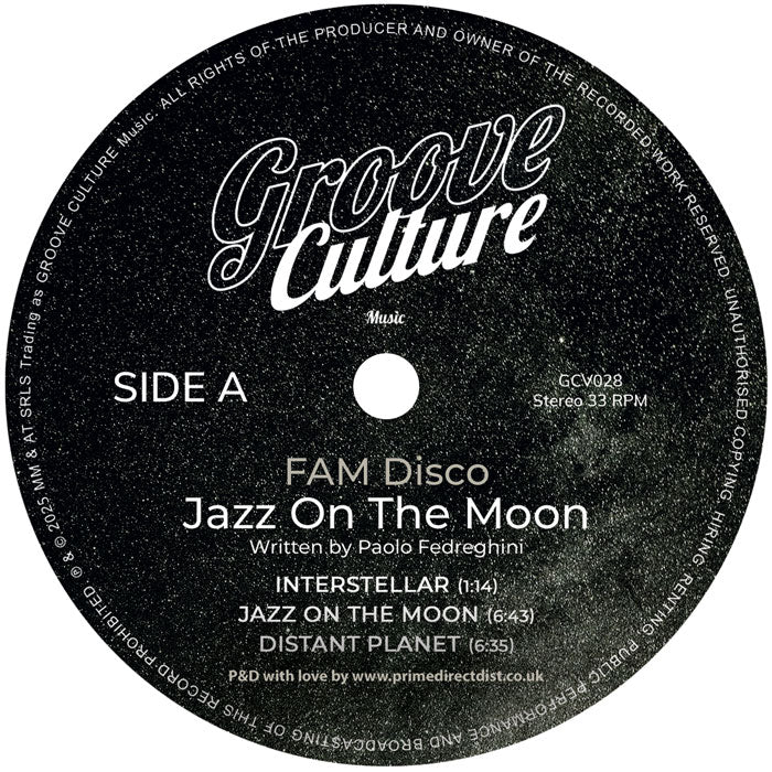 Etiqueta del lado A del vinilo Jazz On The Moon de FAM Disco con tres tracks. Texto impreso: SIDE A, títulos de canciones y créditos.