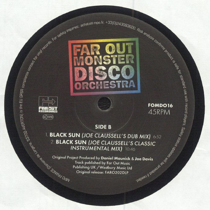 Portada trasera del vinilo de Far Out Monster Disco Orchestra – Black Sun, editado por Far Out Recordings. Incluye versiones dub e instrumental de Joe Claussell.