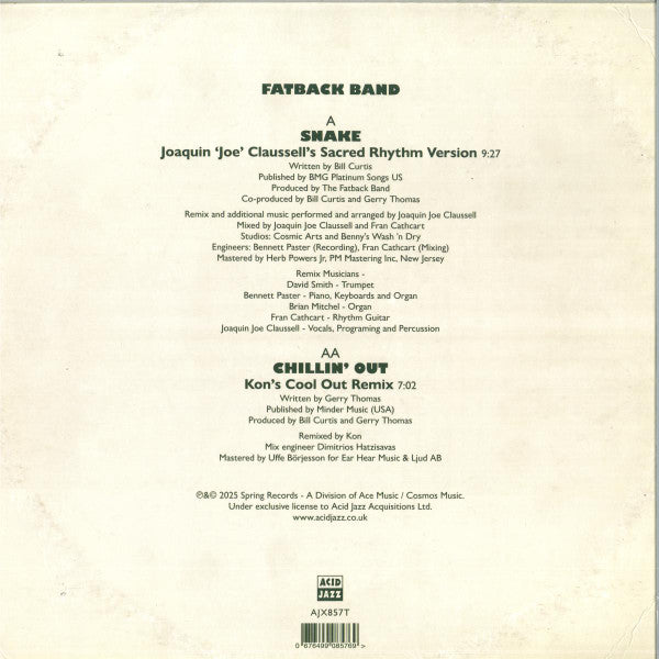 Contraportada del vinilo Fatback Band – Snake / Chillin' Out (Remixes) de Acid Jazz con créditos completos, duración de temas y detalles de grabación en fondo claro.