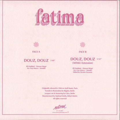 Portada trasera del vinilo Fatima – Douz, Douz del sello MTMU. Incluye créditos, pistas y duración por cada cara.