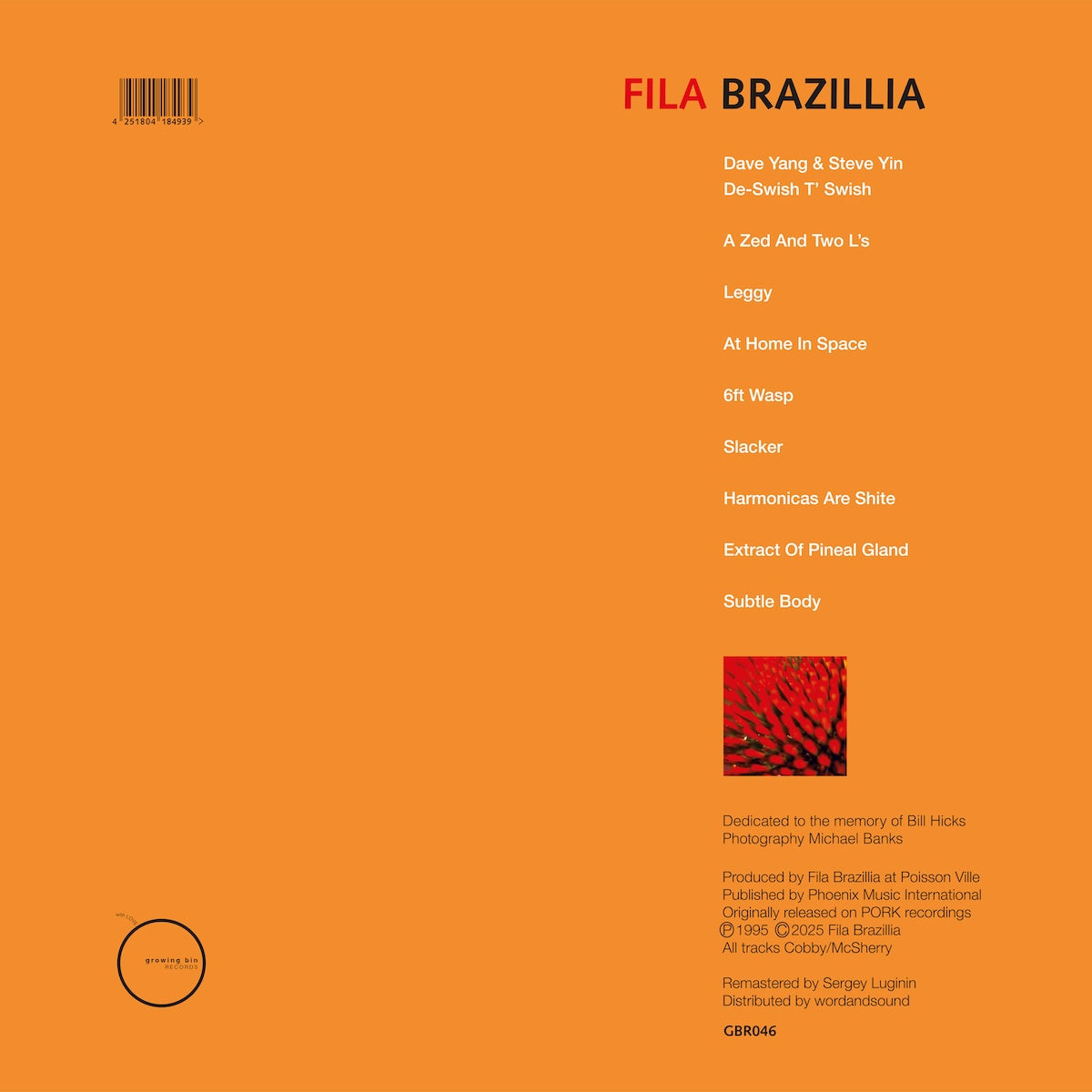 Contraportada del vinilo Fila Brazillia – Maim That Tune mostrando lista de pistas, créditos y sello Growing Bin Records en diseño minimalista naranja.