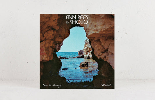 Fotografía del vinilo Finn Rees & Sholto – Love In Memory / Bluebell de Mr Bongo en formato 7" sencillo, apoyado sobre una superficie clara con su arte de portada destacando el paisaje costero.