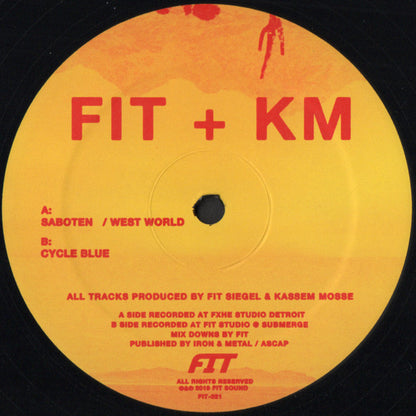 Lado A del vinilo FIT + KM – Saboten: etiqueta amarilla y roja con pistas, créditos y catálogo FIT-021.