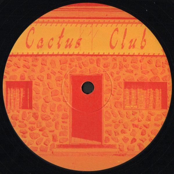 Lado B del vinilo FIT + KM – Saboten: etiqueta naranja y roja con fachada, puerta central y texto Cactus Club.