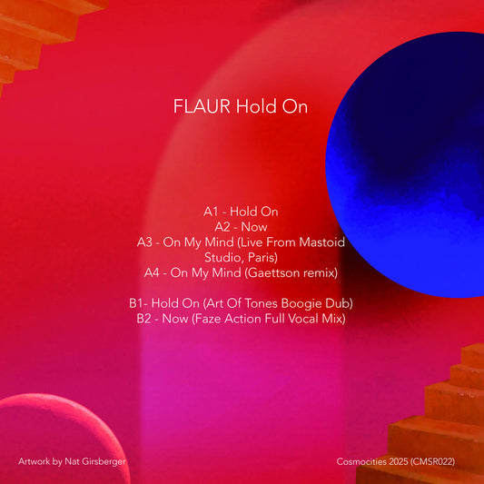 Contraportada del vinilo FLAUR – Hold On de Cosmocities Records, con listado de temas, créditos y diseño gráfico abstracto en rojos y azules intensos que complementan la estética visual del EP 12 pulgadas.