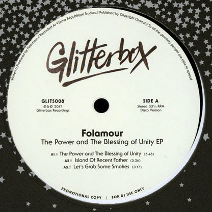 Lado A del vinilo Folamour – The Power And The Blessing Of Unity EP, etiqueta Glitterbox con pistas A1 a A3, duraciones y arte estrellado.