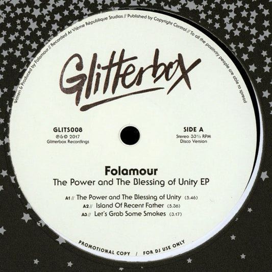 Lado A del vinilo Folamour – The Power And The Blessing Of Unity EP, etiqueta Glitterbox con pistas A1 a A3, duraciones y arte estrellado.