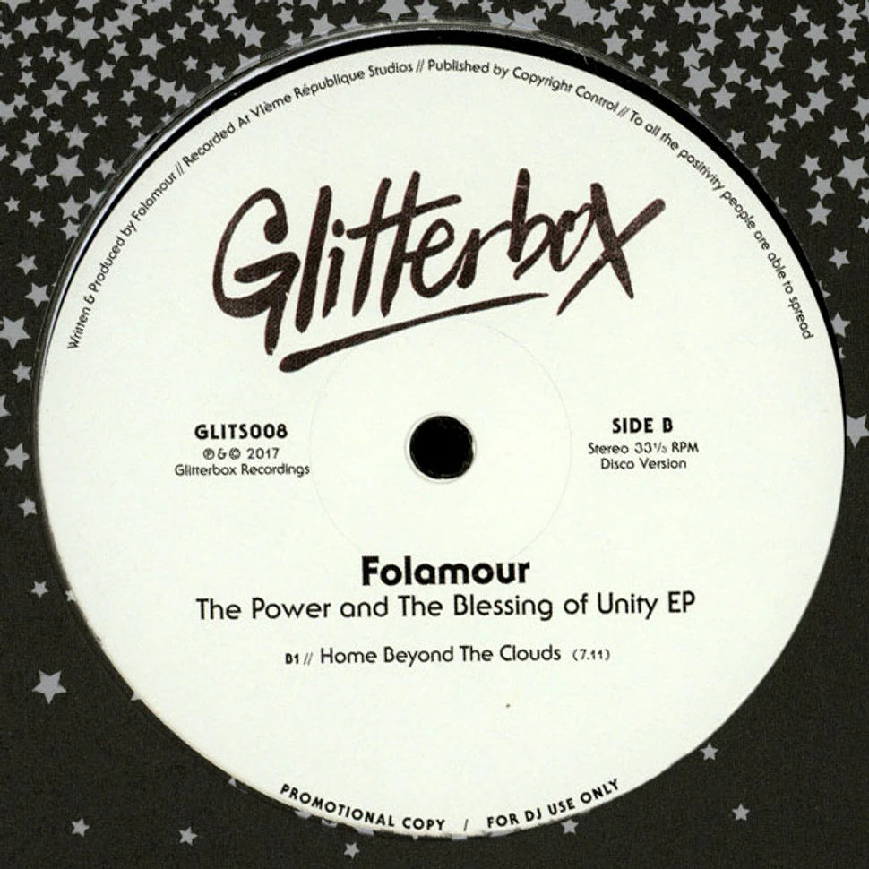 Lado B del vinilo Folamour – The Power And The Blessing Of Unity EP, etiqueta Glitterbox con tema Home Beyond The Clouds y créditos visibles.