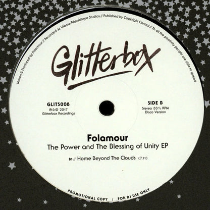 Lado B del vinilo Folamour – The Power And The Blessing Of Unity EP, etiqueta Glitterbox con tema Home Beyond The Clouds y créditos visibles.