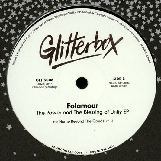 Lado B del vinilo Folamour – The Power And The Blessing Of Unity EP, etiqueta Glitterbox con tema Home Beyond The Clouds y créditos visibles.