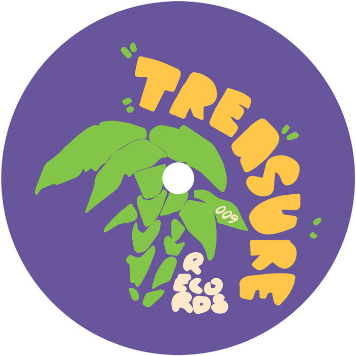 Etiqueta central del lado A del vinilo F.R. – Treasure EP 9 de Treasure Records en formato 12", con arte gráfico de una palmera verde sobre fondo violeta y el número de catálogo 009.