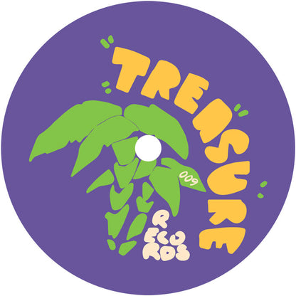 Etiqueta central del lado A del vinilo F.R. – Treasure EP 9 de Treasure Records en formato 12", con arte gráfico de una palmera verde sobre fondo violeta y el número de catálogo 009.
