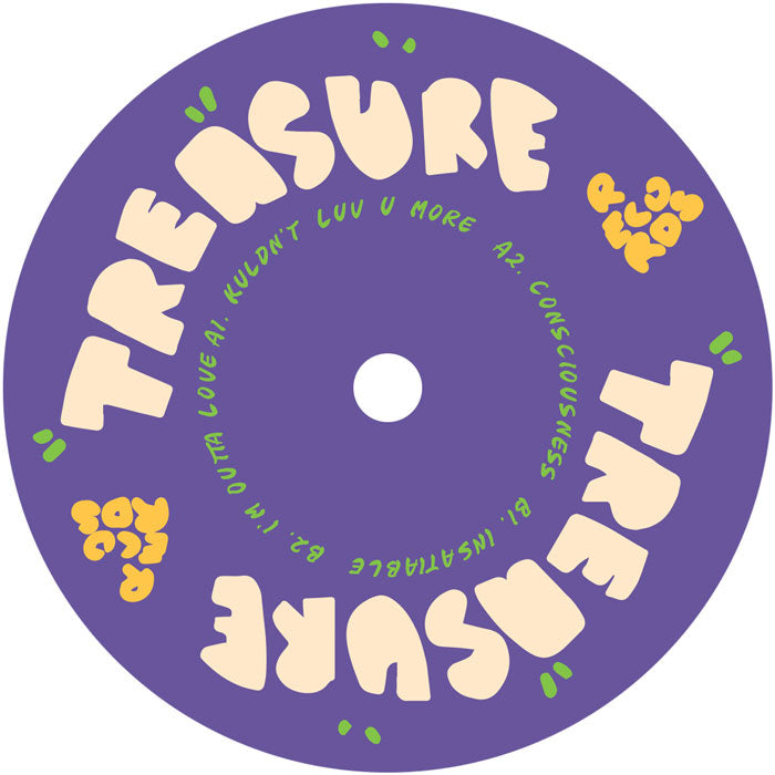 Etiqueta central del lado B del vinilo F.R. – Treasure EP 9, muestra los títulos de las pistas, el logo de Treasure Records y diseño gráfico colorido en violeta, beige y verde.