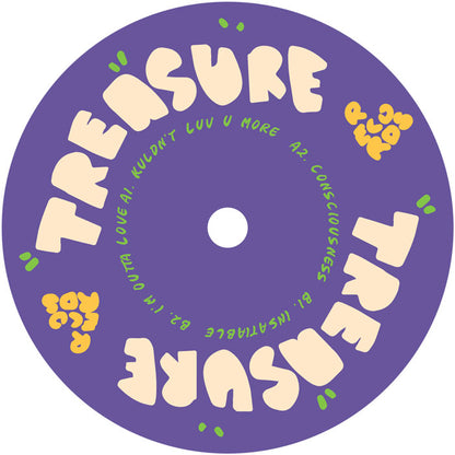 Etiqueta central del lado B del vinilo F.R. – Treasure EP 9, muestra los títulos de las pistas, el logo de Treasure Records y diseño gráfico colorido en violeta, beige y verde.