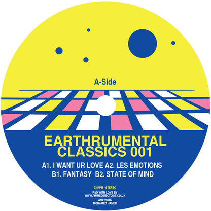 Etiqueta central del lado A del vinilo Franck Roger – Earthrumental Classics 001 con arte retro y pistas A1. I Want Ur Love, A2. Les Emotions, B1. Fantasy, B2. State of Mind, además de créditos y velocidad 33 RPM.