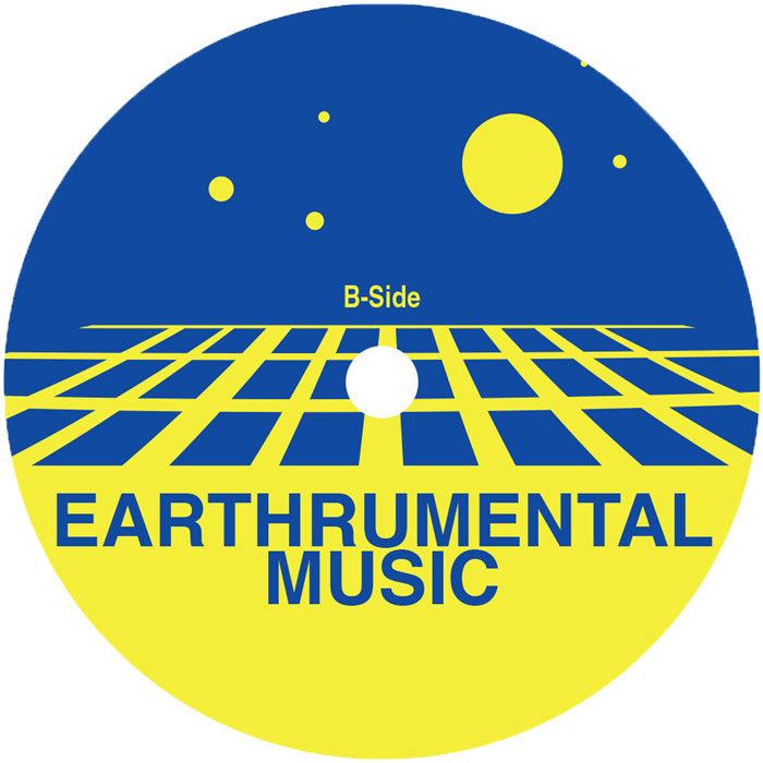 Etiqueta central del lado B del vinilo Franck Roger – Earthrumental Classics 001 con diseño geométrico amarillo y azul, el logo del sello Earthrumental Music y la indicación de B-Side.