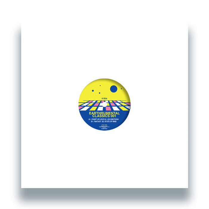 Portada del vinilo Franck Roger – Earthrumental Classics 001 en funda blanca con orificio central que deja ver la etiqueta del lado A con arte gráfico vibrante y nombres de las pistas.