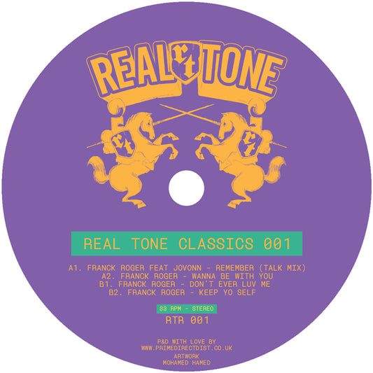 Etiqueta del lado A del vinilo Franck Roger – Real Tone Classics 001 de Real Tone Records. Impreso: incluye temas con Jovonn, título del álbum y créditos.