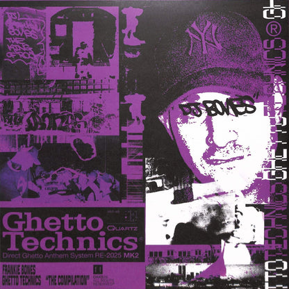 Contraportada en vinilo de Frankie Bones – Ghetto Technics “The Compilation” Vol. 2 con collage urbano en tonos púrpura y negro, sello Oaks en 12" EP.