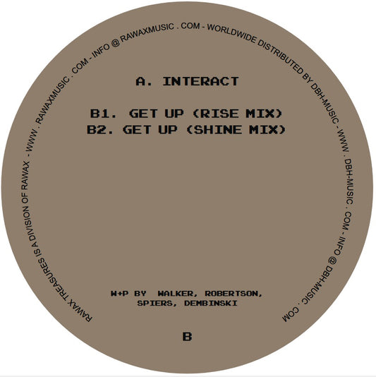 Portada trasera del vinilo Fresh & Low – Interact / Get Up, publicado por Rawax en 12", reedición. Texto impreso: A. Interact, B1. Get Up (Rise Mix), B2. Get Up (Shine Mix), créditos de producción.