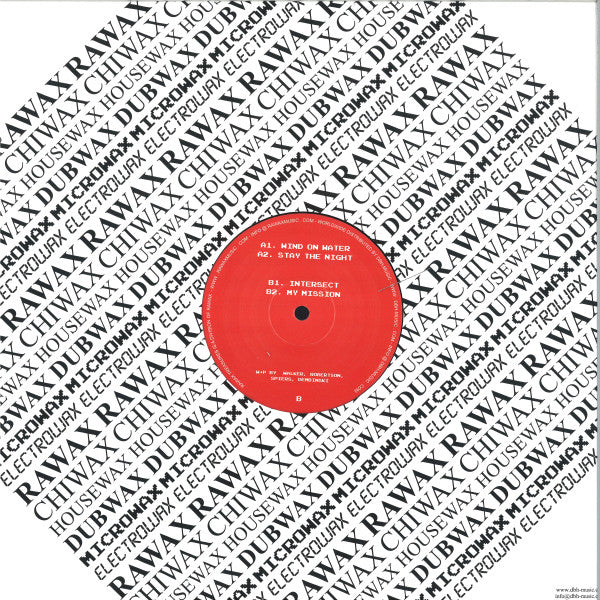 Contraportada del vinilo Fresh & Low – Wind On Water (Rawax, 12"). Lista de canciones impresa en etiqueta roja con el icónico patrón Rawax.
