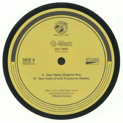 Etiqueta central del lado A del vinilo G-Man – Quo Vadis, 12" reimpresión Back To Life, con tracklist, créditos y diseño circular dorado.