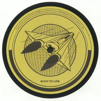 Etiqueta central del lado B del vinilo G-Man – Quo Vadis, 12" reimpresión Back To Life, con ilustración espacial y arte gráfico en dorado.
