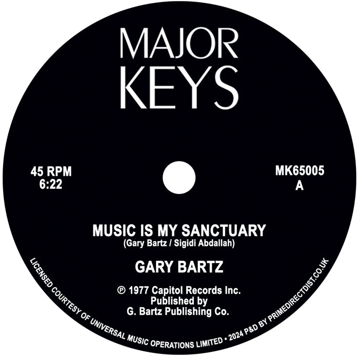 Etiqueta central lado A en vinilo 12" Reedición Gary Bartz – Music Is My Sanctuary / Carnaval De L'Esprit en Major Keys, con créditos, catálogo MK65005 y duración 6:22.
