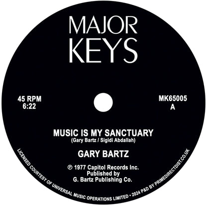 Etiqueta central lado A en vinilo 12" Reedición Gary Bartz – Music Is My Sanctuary / Carnaval De L'Esprit en Major Keys, con créditos, catálogo MK65005 y duración 6:22.
