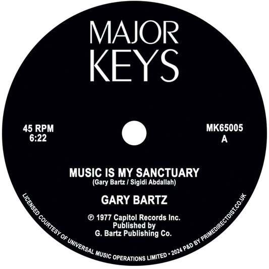 Etiqueta central lado A en vinilo 12" Reedición Gary Bartz – Music Is My Sanctuary / Carnaval De L'Esprit en Major Keys, con créditos, catálogo MK65005 y duración 6:22.