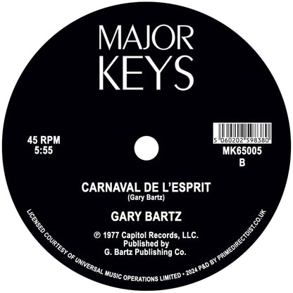 Etiqueta central lado B en vinilo 12" Reedición Gary Bartz – Music Is My Sanctuary / Carnaval De L'Esprit en Major Keys, con pista “Carnaval de L’esprit” de 5:55 y código MK65005.