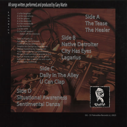 Contraportada del vinilo Gary Martin – Lagarius con tracklist, créditos y logo de Teknotika sobre equipo de DJ.