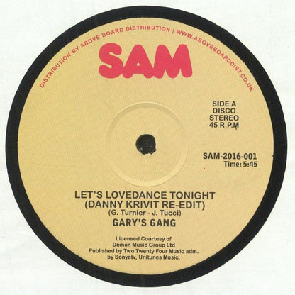Portada del vinilo "Let's Lovedance Tonight (Danny Krivit Re-Edit)" de Gary's Gang, Sam Records, 12", 5:45.