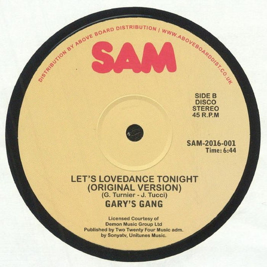 Contraportada del vinilo "Let's Lovedance Tonight (Original Version)" de Gary's Gang, Sam Records, 12", 6:44.