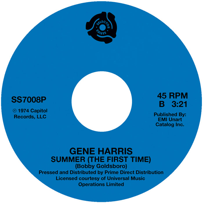 Etiqueta azul del vinilo Lado B con “Summer (The First Time)” de Gene Harris. Texto impreso: 45 RPM, B, 3:21, publicado por EMI Unart Catalog Inc.