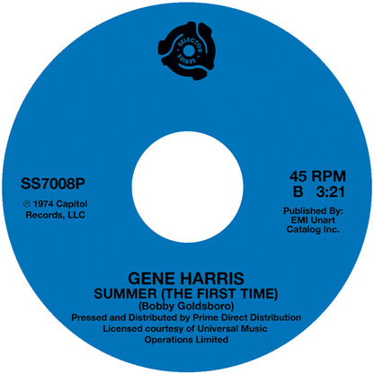 Etiqueta azul del vinilo Lado B con “Summer (The First Time)” de Gene Harris. Texto impreso: 45 RPM, B, 3:21, publicado por EMI Unart Catalog Inc.