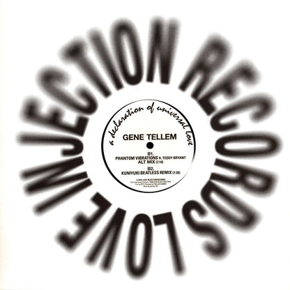 Contraportada del vinilo Gene Tellem – Phantom Vibrations en 12” editado por Love Injection Records con tipografía circular y créditos del disco.