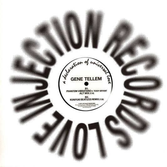 Contraportada del vinilo Gene Tellem – Phantom Vibrations en 12” editado por Love Injection Records con tipografía circular y créditos del disco.