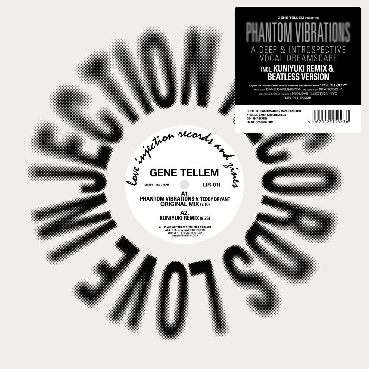 Portada del vinilo Gene Tellem – Phantom Vibrations en 12” por Love Injection Records con diseño tipográfico expansivo en blanco y negro.