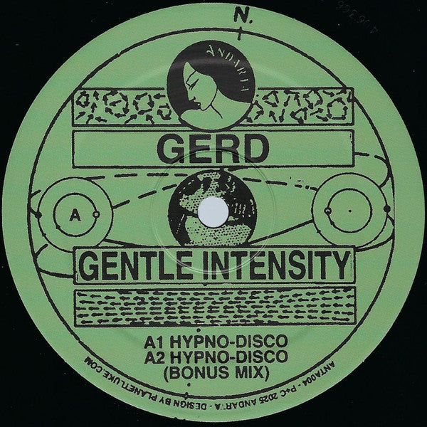 Etiqueta lado A del vinilo Gerd – Gentle Intensity en Andarta con arte gráfico y pistas Hypno-Disco del EP 12".
