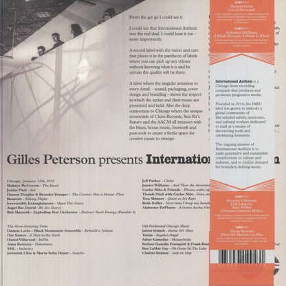 Contraportada del vinilo Gilles Peterson – Gilles Peterson Presents International Anthem con listado de temas y créditos.
