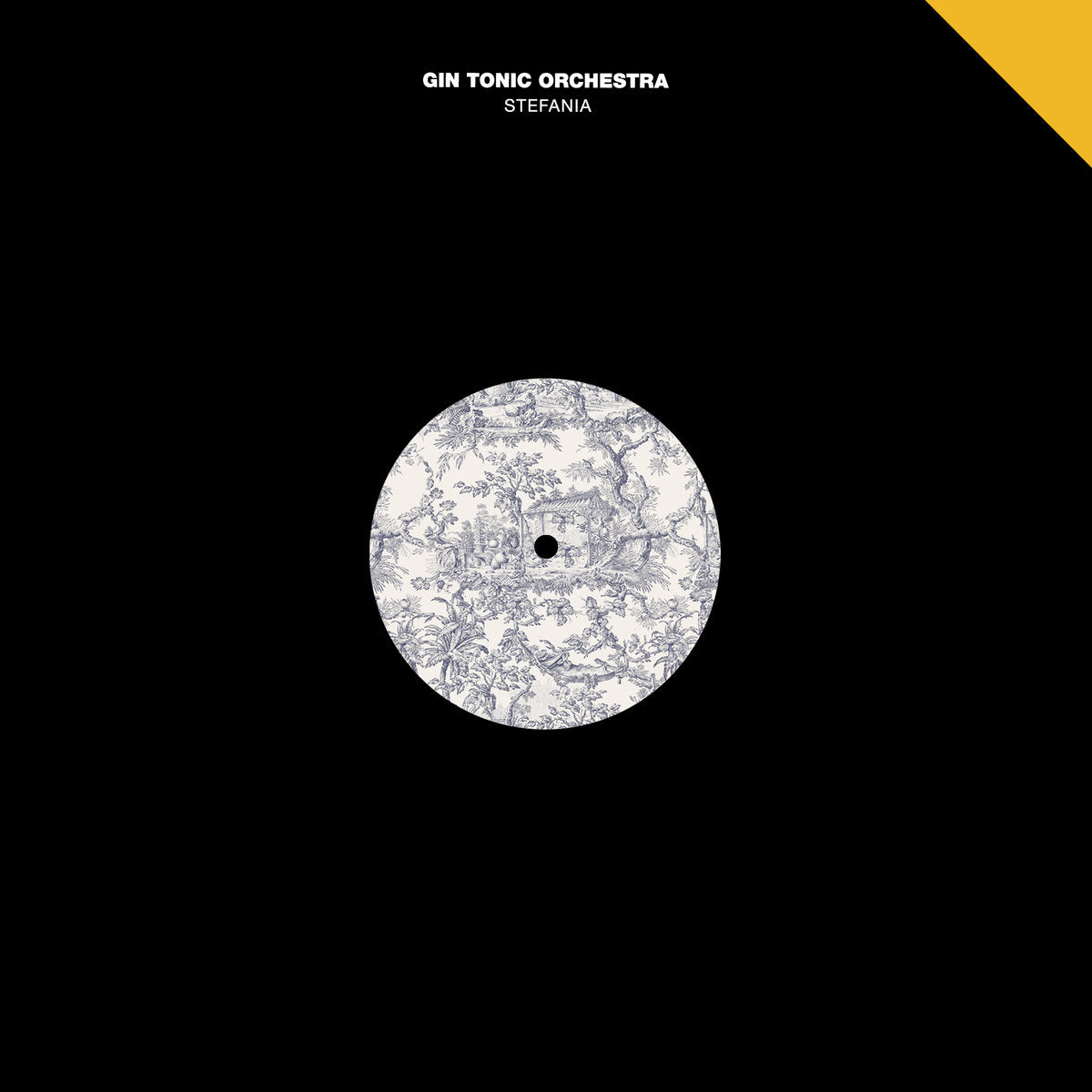 Portada del vinilo Gin Tonic Orchestra – Stefania en formato 12" EP editado por Mother Tongue Records, diseño minimalista con fondo negro y etiqueta central decorada.
