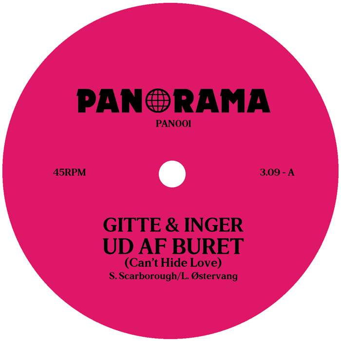 Etiqueta central lado A del vinilo Gitte & Inger – Ud Af Buret (Can't Hide Love), sello Panorama, pista principal con duración 3:09 y créditos visibles.
