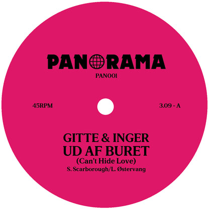 Etiqueta central lado A del vinilo Gitte & Inger – Ud Af Buret (Can't Hide Love), sello Panorama, pista principal con duración 3:09 y créditos visibles.