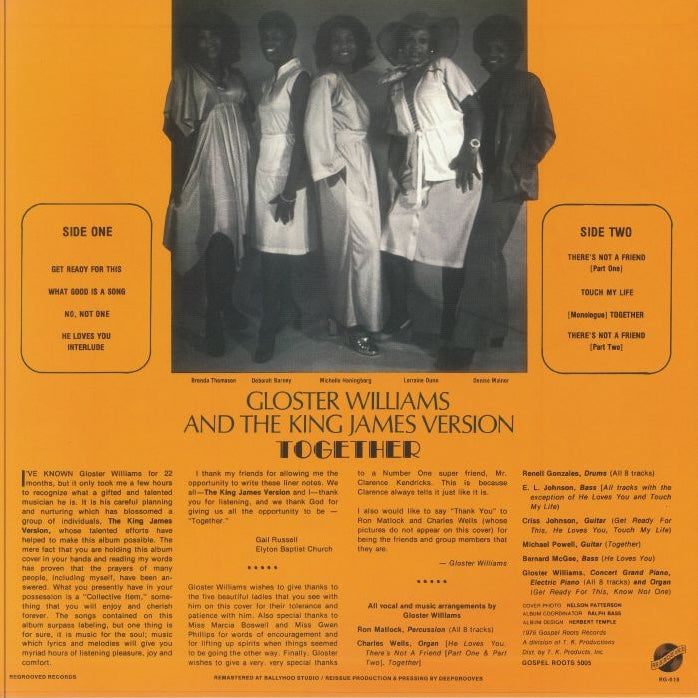 Contraportada del vinilo Gloster Williams And The King James Version – Together con foto del grupo, listado de pistas lado A y B, créditos y textos originales, LP reedición remasterizada de Regrooved Records.