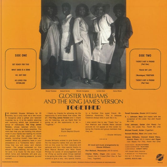 Contraportada del vinilo Gloster Williams And The King James Version – Together con foto del grupo, listado de pistas lado A y B, créditos y textos originales, LP reedición remasterizada de Regrooved Records.